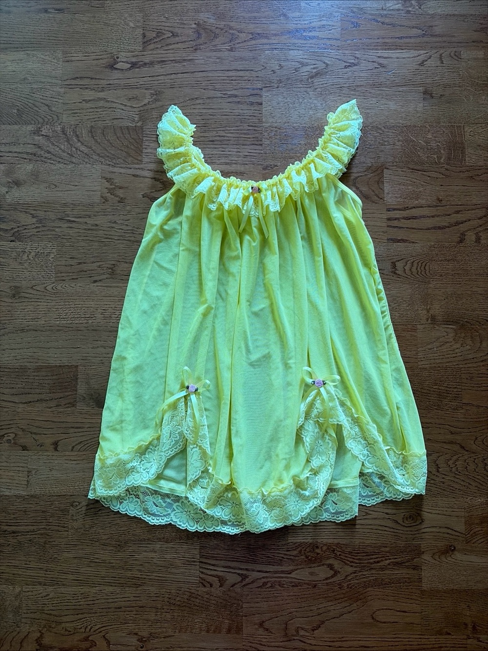 Yellow Babydoll Mini Dress Ruffle Lace Slip Nightgown Bow Mesh Chiffon Princess